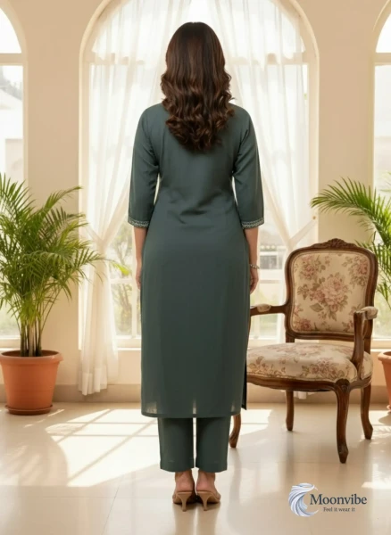 Embroidered Green Cotton Kurti