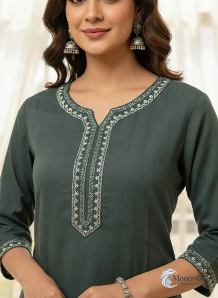 Embroidered Green Cotton Kurti
