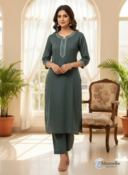 Embroidered Green Cotton Kurti