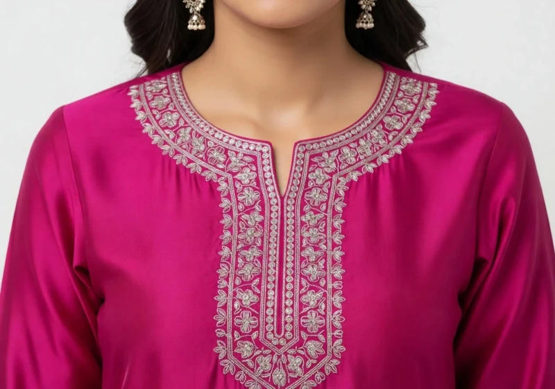 Embroidered Pink Cotton Kurti