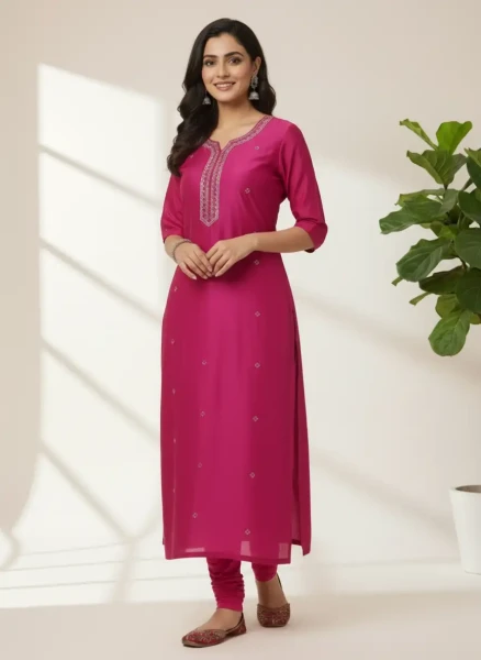 Embroidered Pink Cotton Kurti