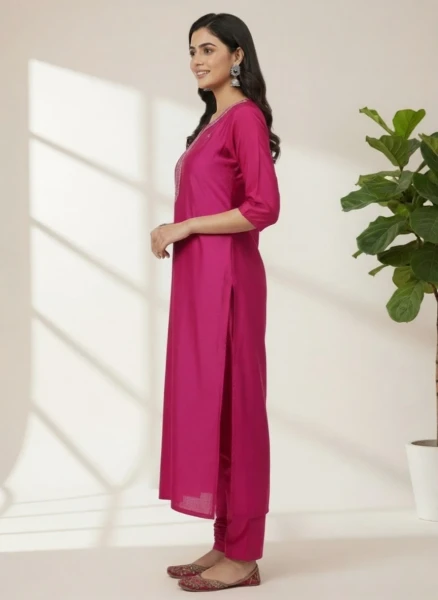 Embroidered Pink Cotton Kurti