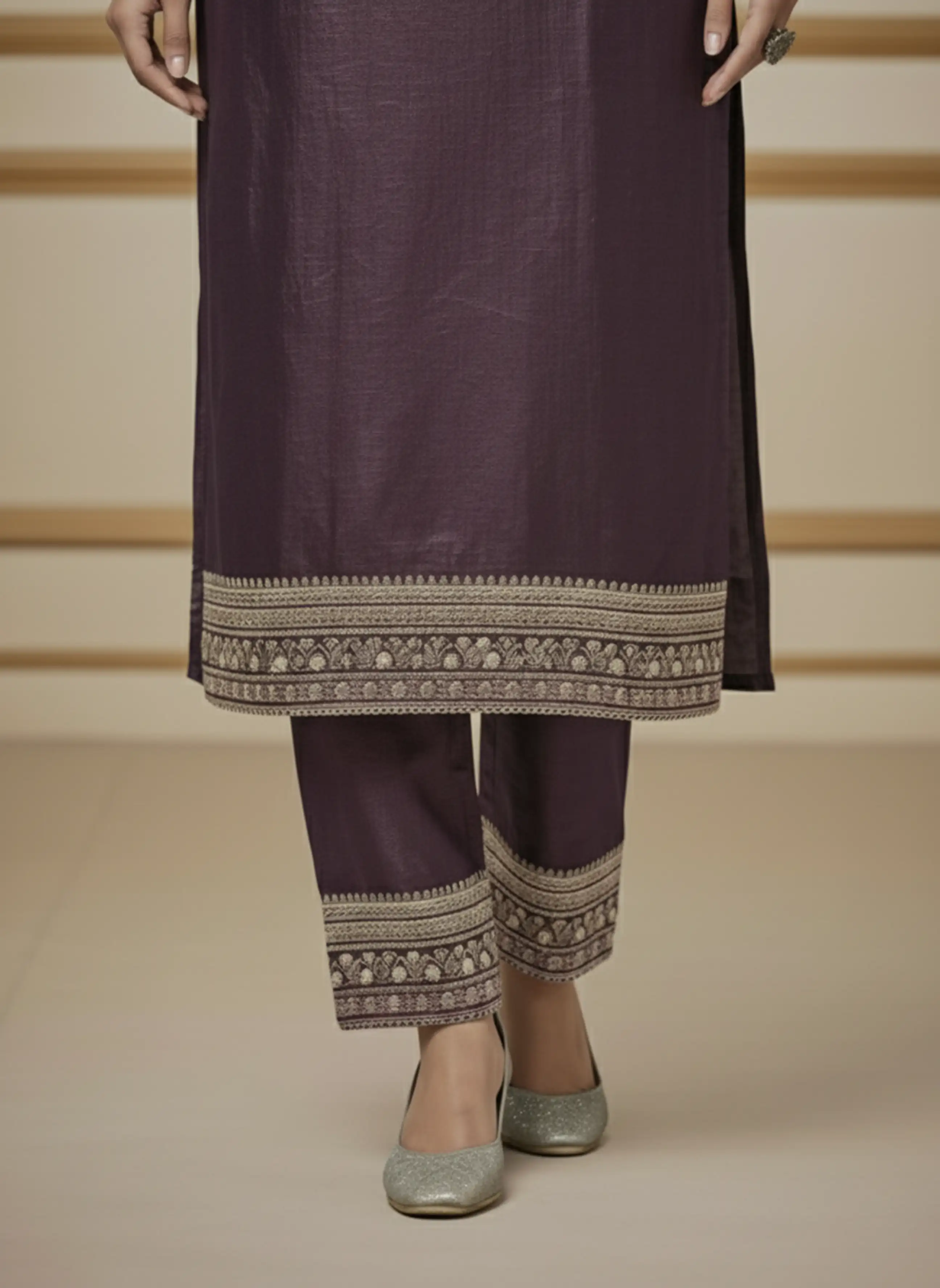 Plum Silk-Blend Embroidered Kurta Set