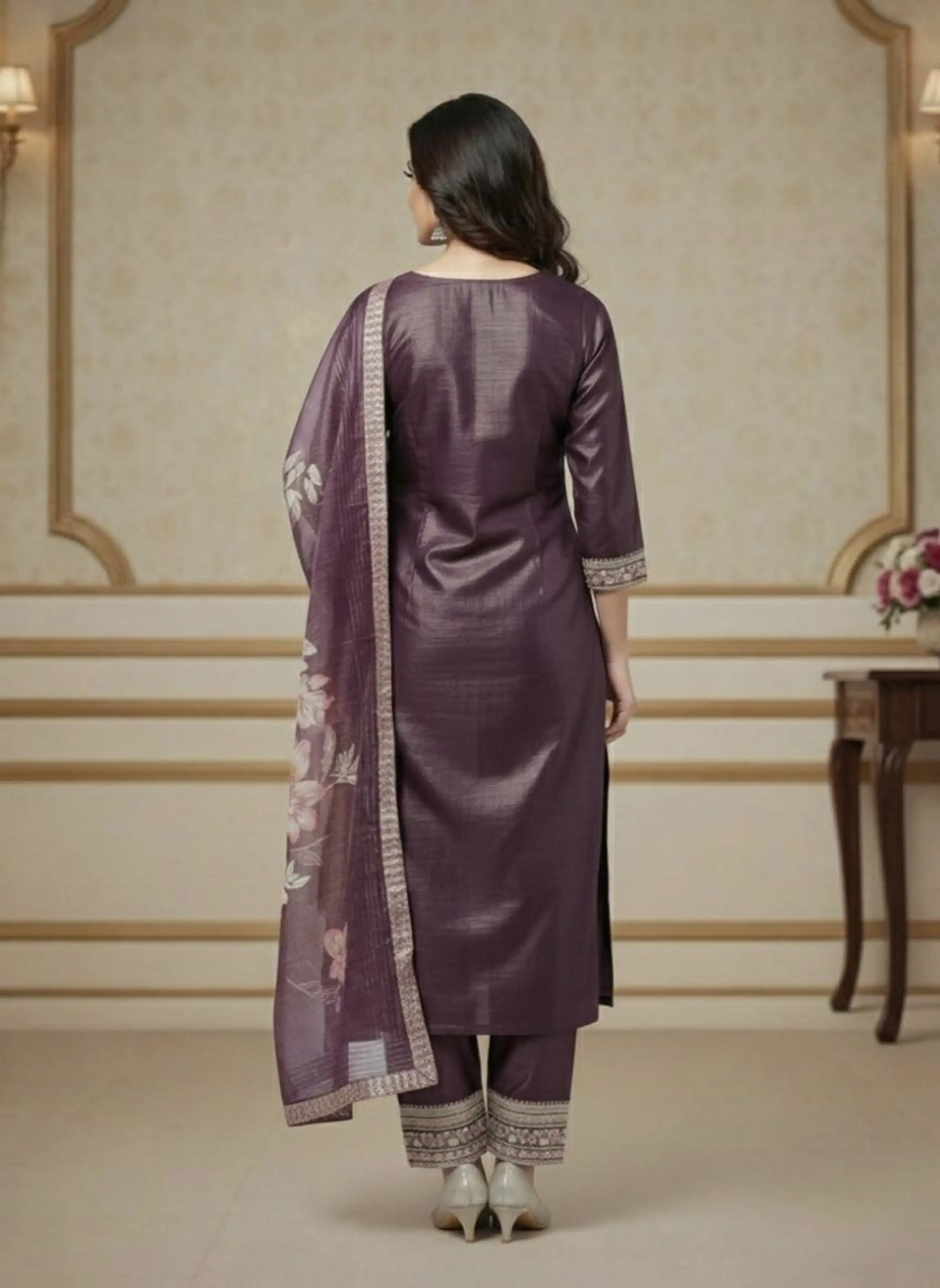Plum Silk-Blend Embroidered Kurta Set