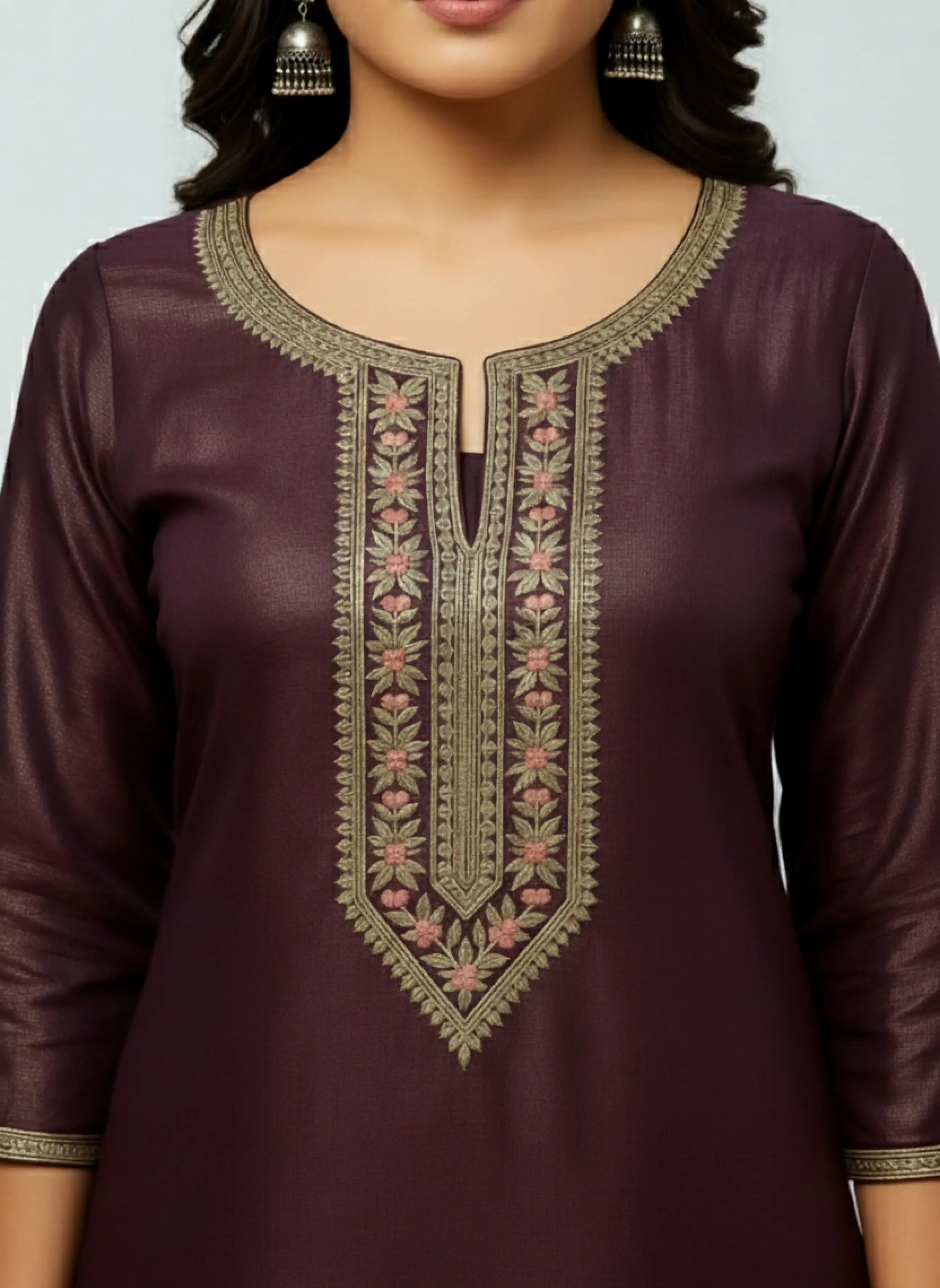 Plum Silk-Blend Embroidered Kurta Set