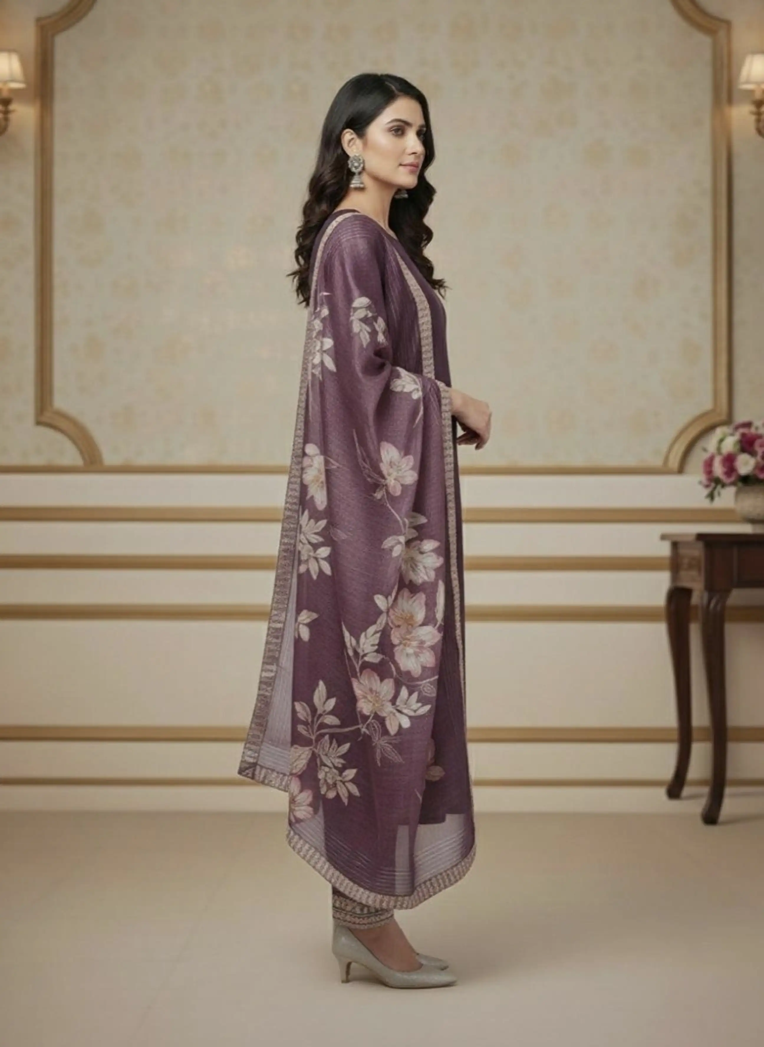 Plum Silk-Blend Embroidered Kurta Set