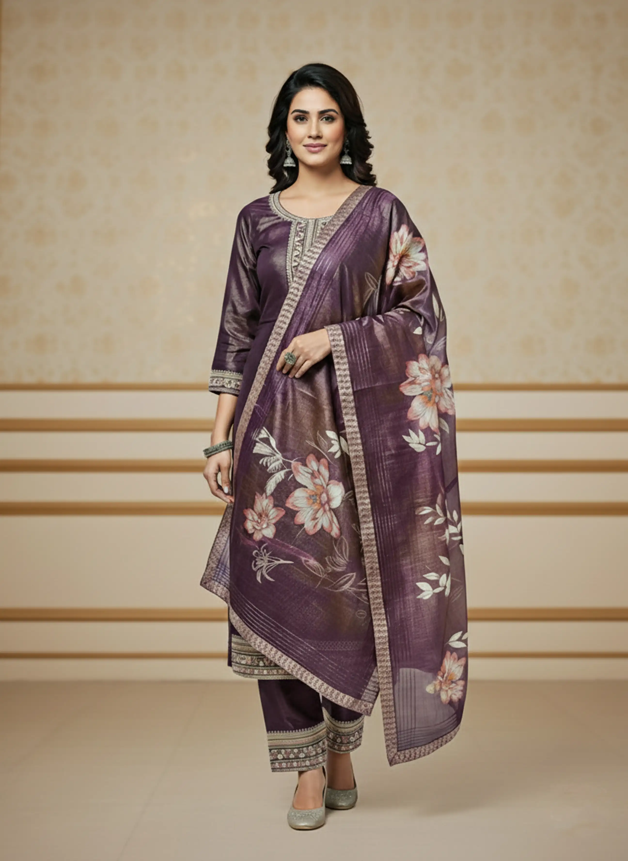 Plum Silk-Blend Embroidered Kurta Set