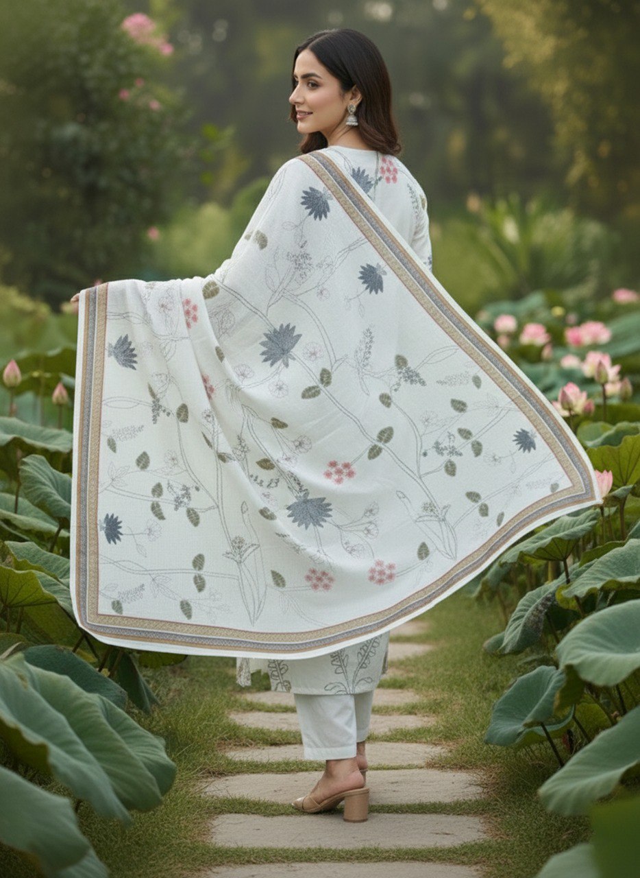 White printed Kurta with Trousers with dupatt