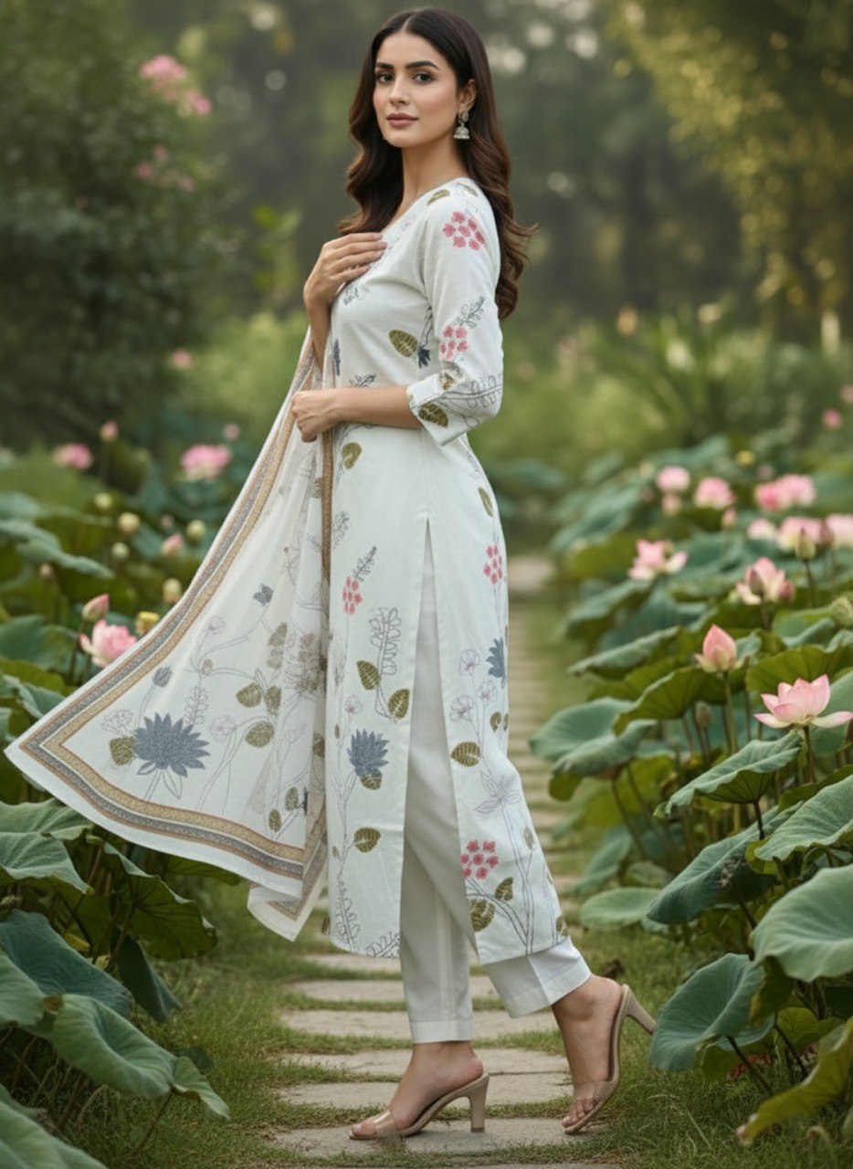 White printed Kurta with Trousers with dupatt