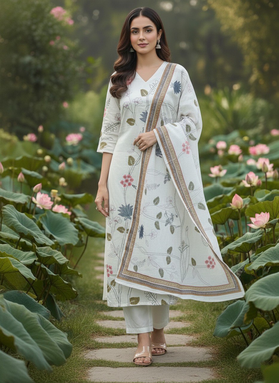 White printed Kurta with Trousers with dupatt