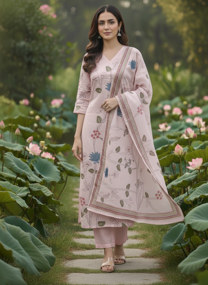 Pink printed Kurta with Trousers & dupatta