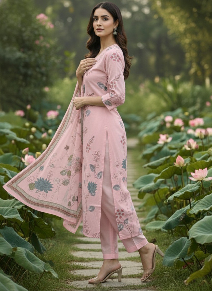 Pink printed Kurta with Trousers & dupatta
