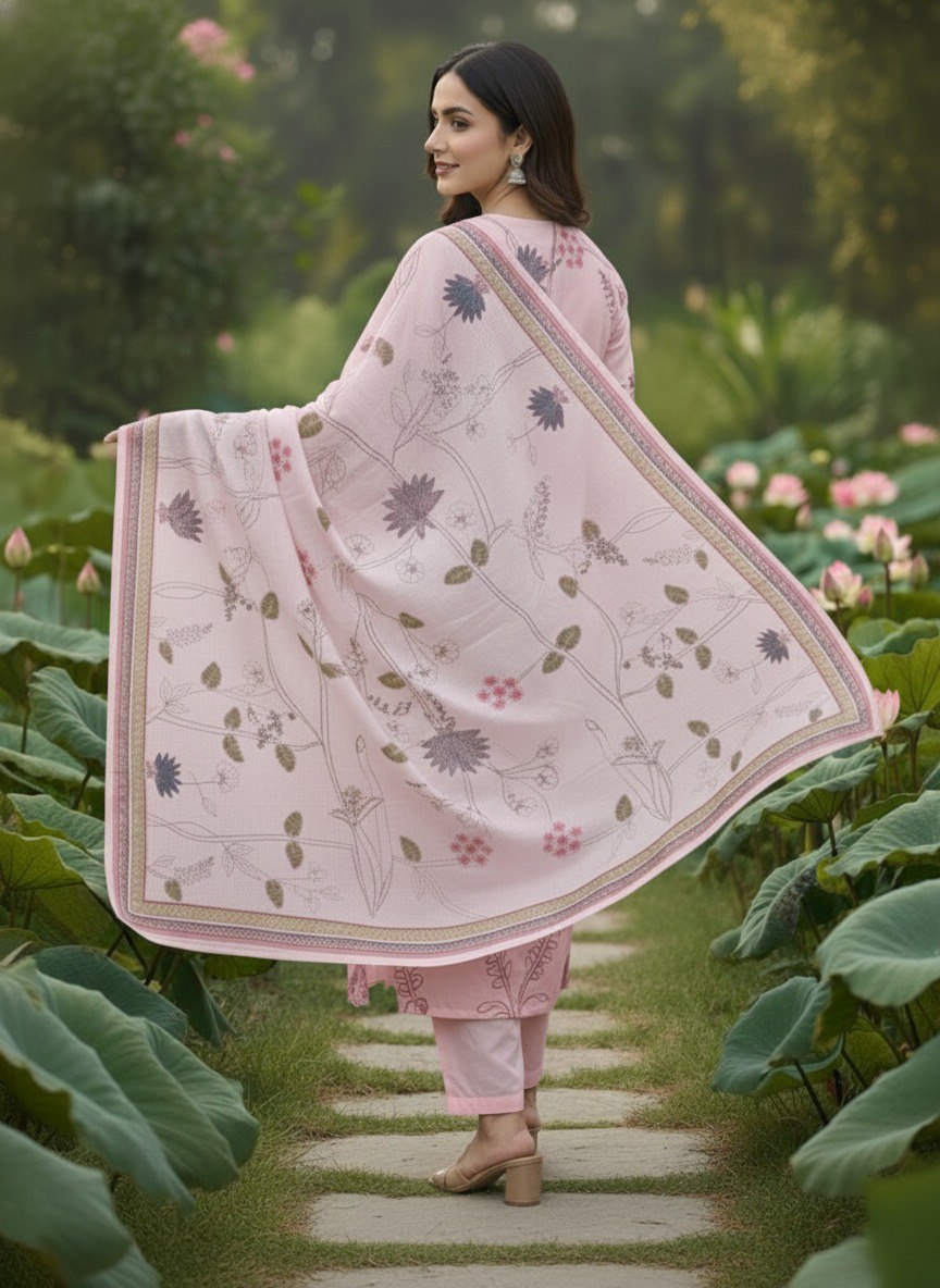Pink printed Kurta with Trousers & dupatta