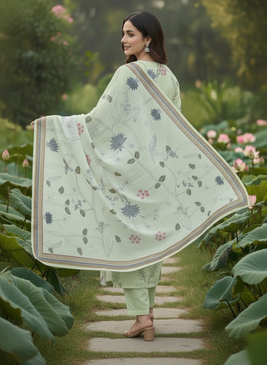 Green printed Kurta with Trousers & dupatta