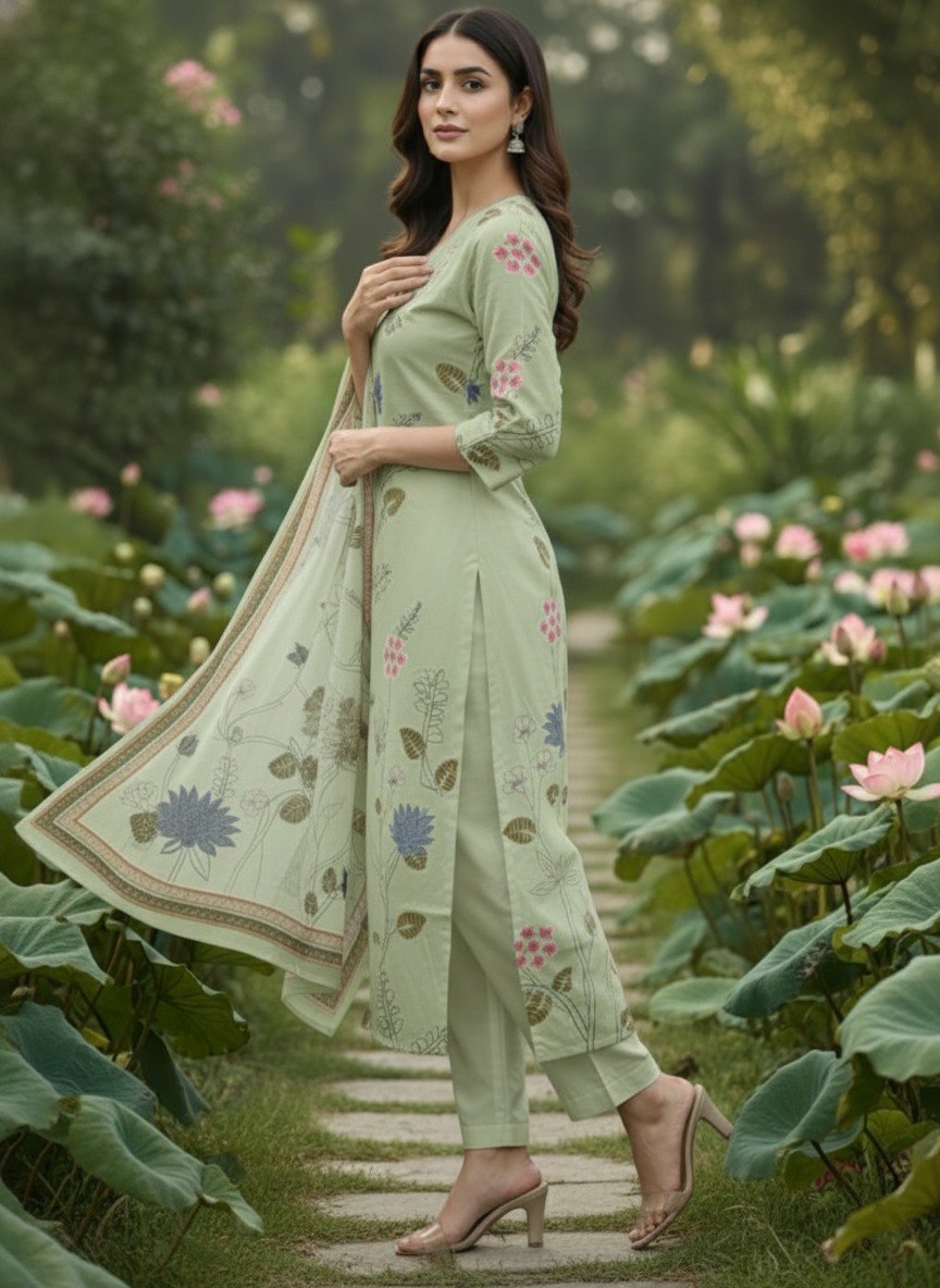 Green printed Kurta with Trousers & dupatta