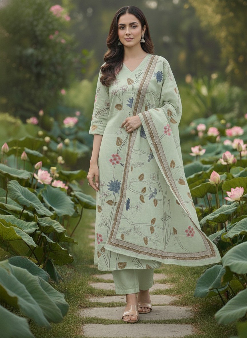 Green printed Kurta with Trousers & dupatta