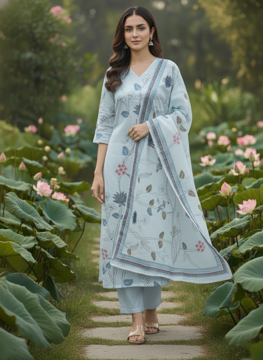 Blue printed Kurta with Trousers & dupatta