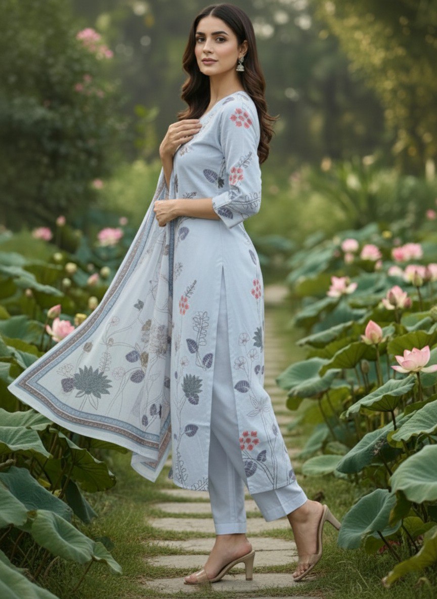 Blue printed Kurta with Trousers & dupatta
