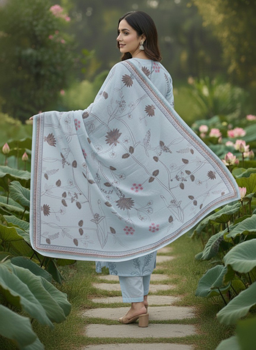 Blue printed Kurta with Trousers & dupatta