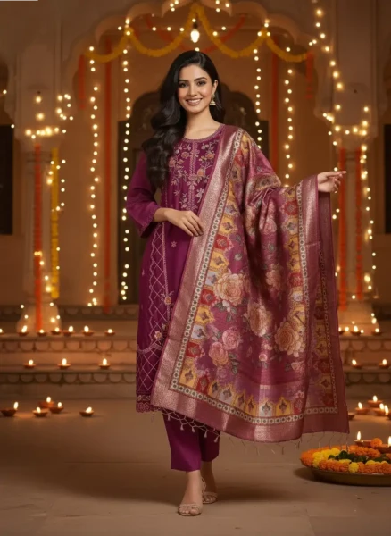 Wine Embroidered Festive Kurta Set