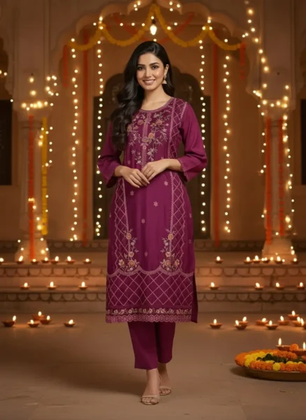Wine Embroidered Festive Kurta Set