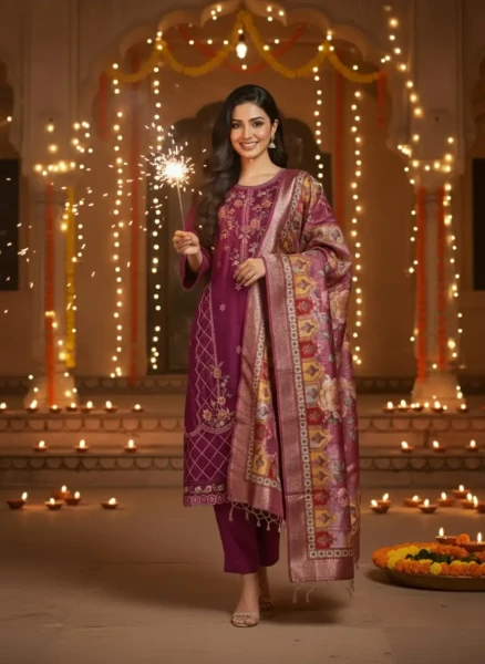 Wine Embroidered Festive Kurta Set