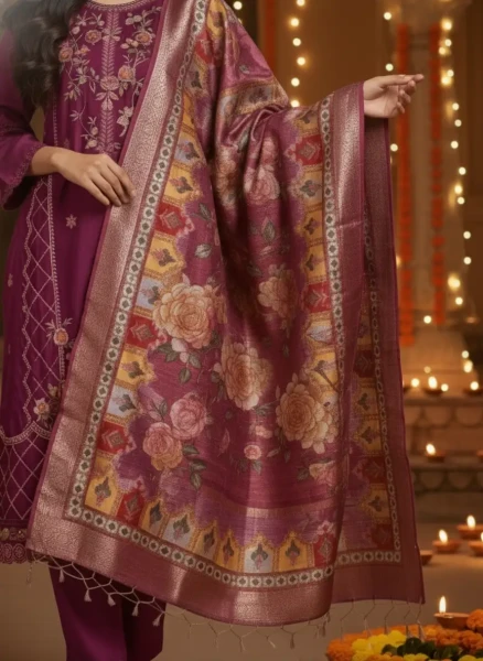 Wine Embroidered Festive Kurta Set