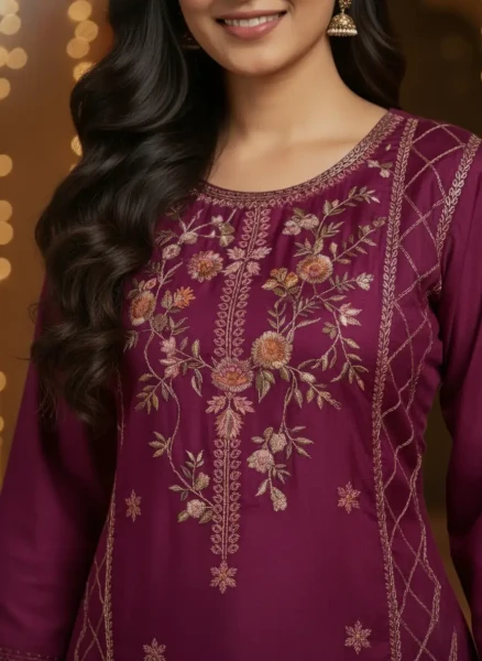 Wine Embroidered Festive Kurta Set