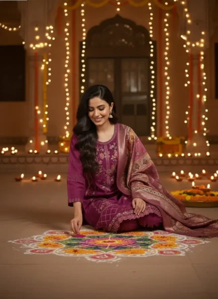 Wine Embroidered Festive Kurta Set