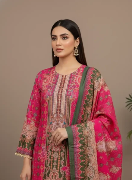 Luxury Hot Pink and Forest Green Printed Lawn Suit