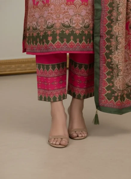 Luxury Hot Pink and Forest Green Printed Lawn Suit