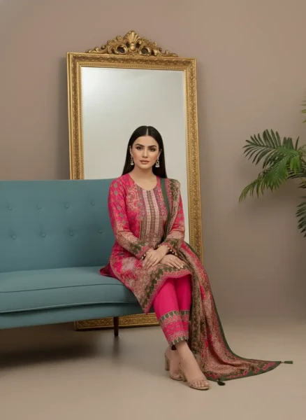 Luxury Hot Pink and Forest Green Printed Lawn Suit