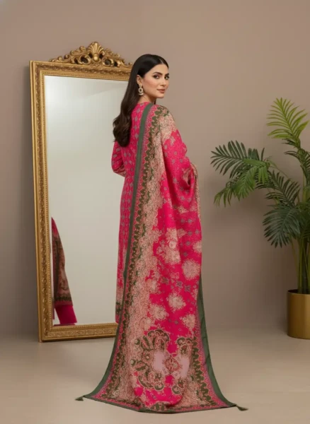 Luxury Hot Pink and Forest Green Printed Lawn Suit