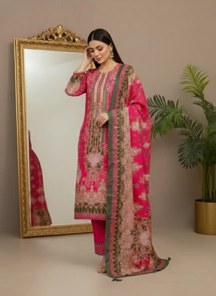 Luxury Hot Pink and Forest Green Printed Lawn Suit