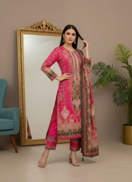 Luxury Hot Pink and Forest Green Printed Lawn Suit