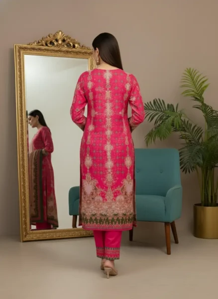Luxury Hot Pink and Forest Green Printed Lawn Suit