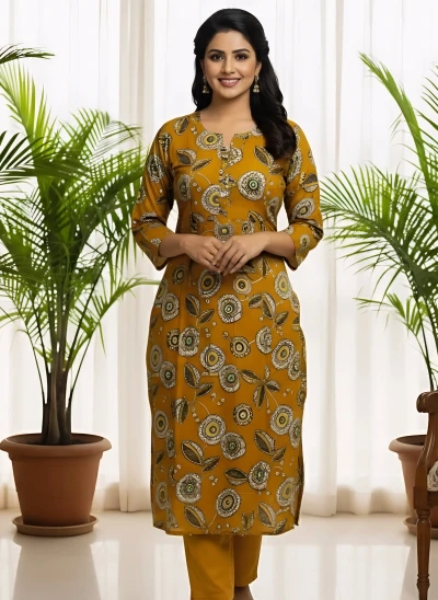 Mustard Yellow Printed Straight Kurti with Pants
