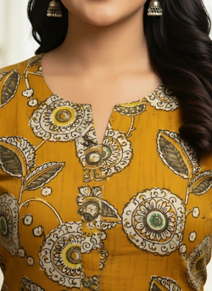 Mustard Yellow Printed Straight Kurti with Pants