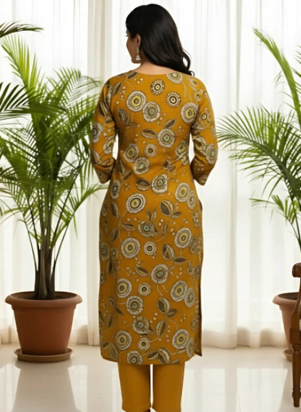 Mustard Yellow Printed Straight Kurti with Pants