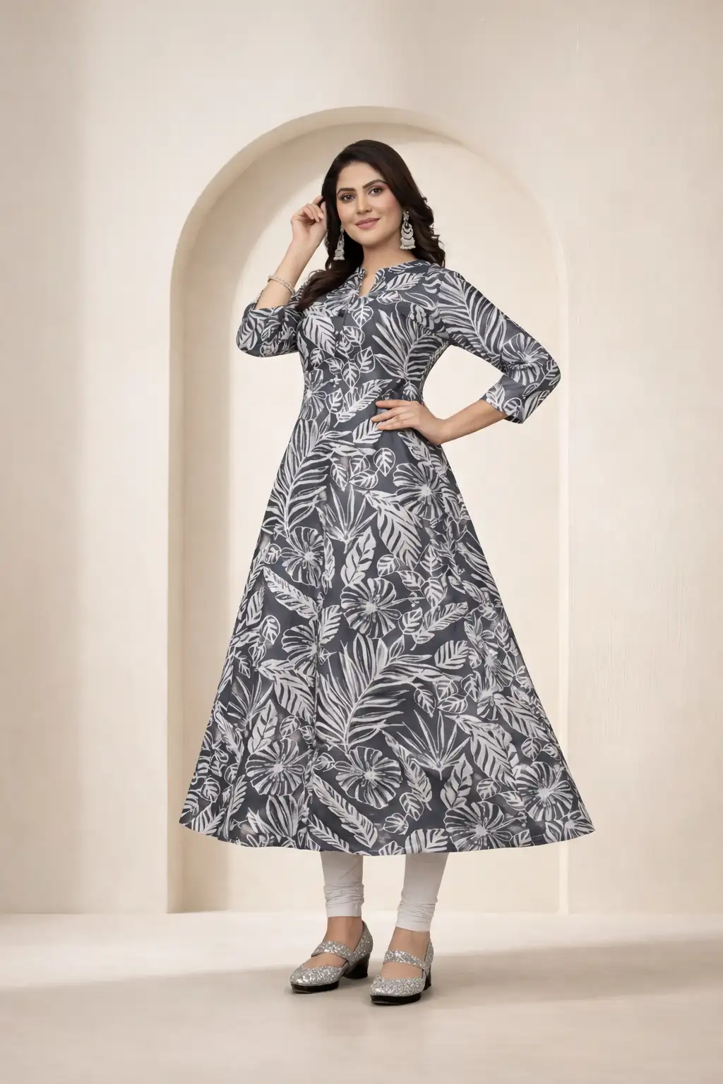 Grey Tropical Printed Flared Kurti