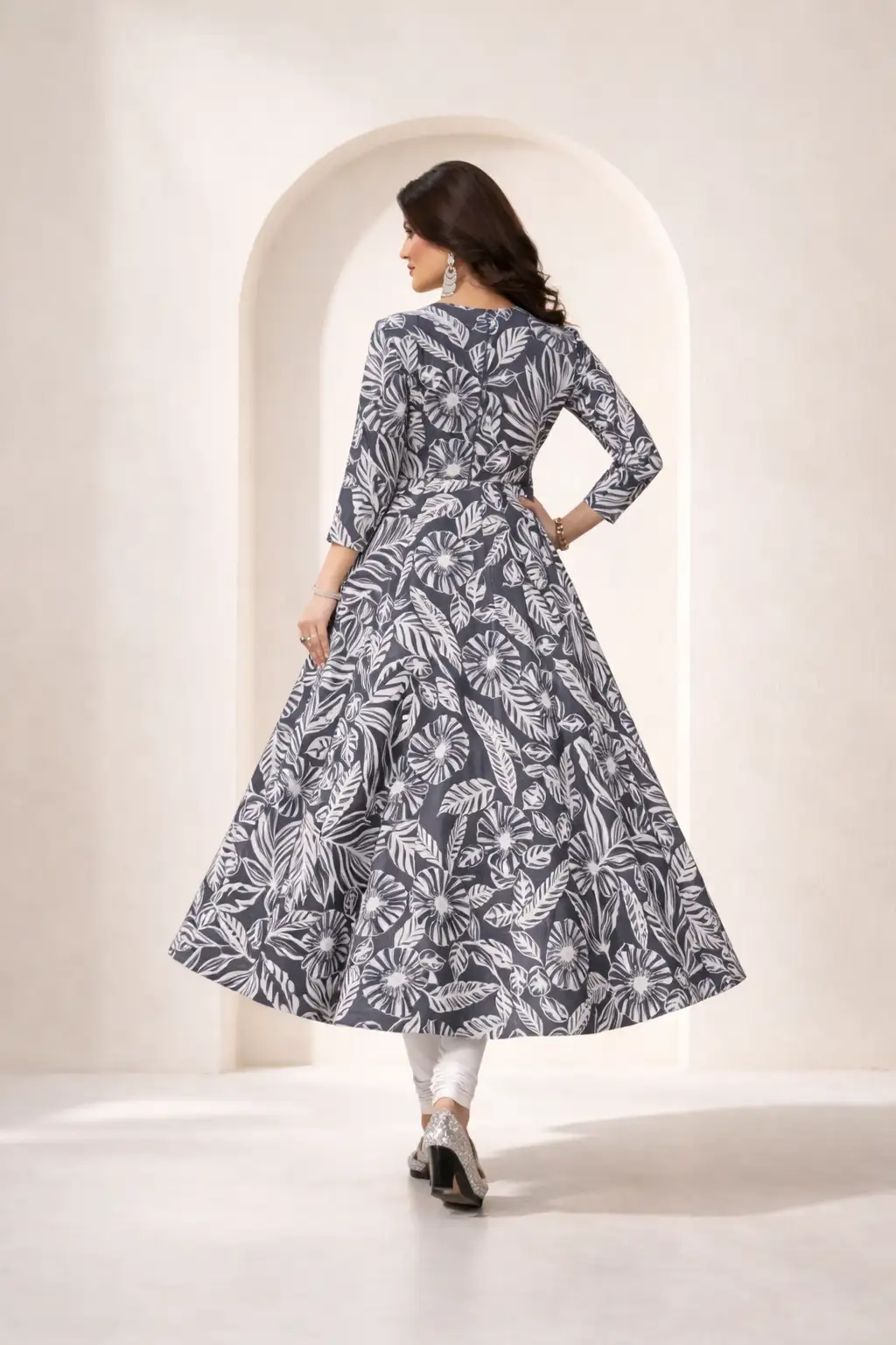 Grey Tropical Printed Flared Kurti