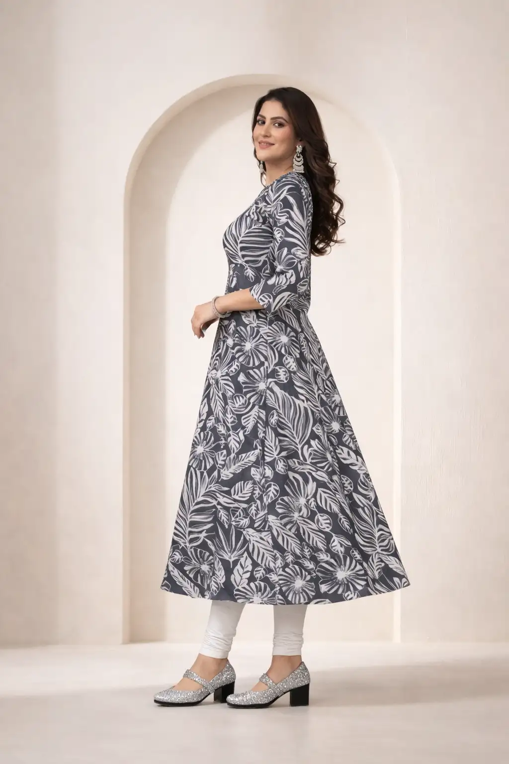 Grey Tropical Printed Flared Kurti