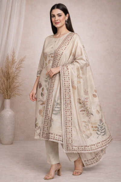 Elegant Beige Floral Printed Kurti Set with Dupatta