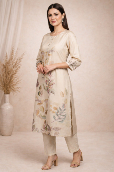 Elegant Beige Floral Printed Kurti Set with Dupatta