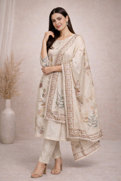 Elegant Beige Floral Printed Kurti Set with Dupatta